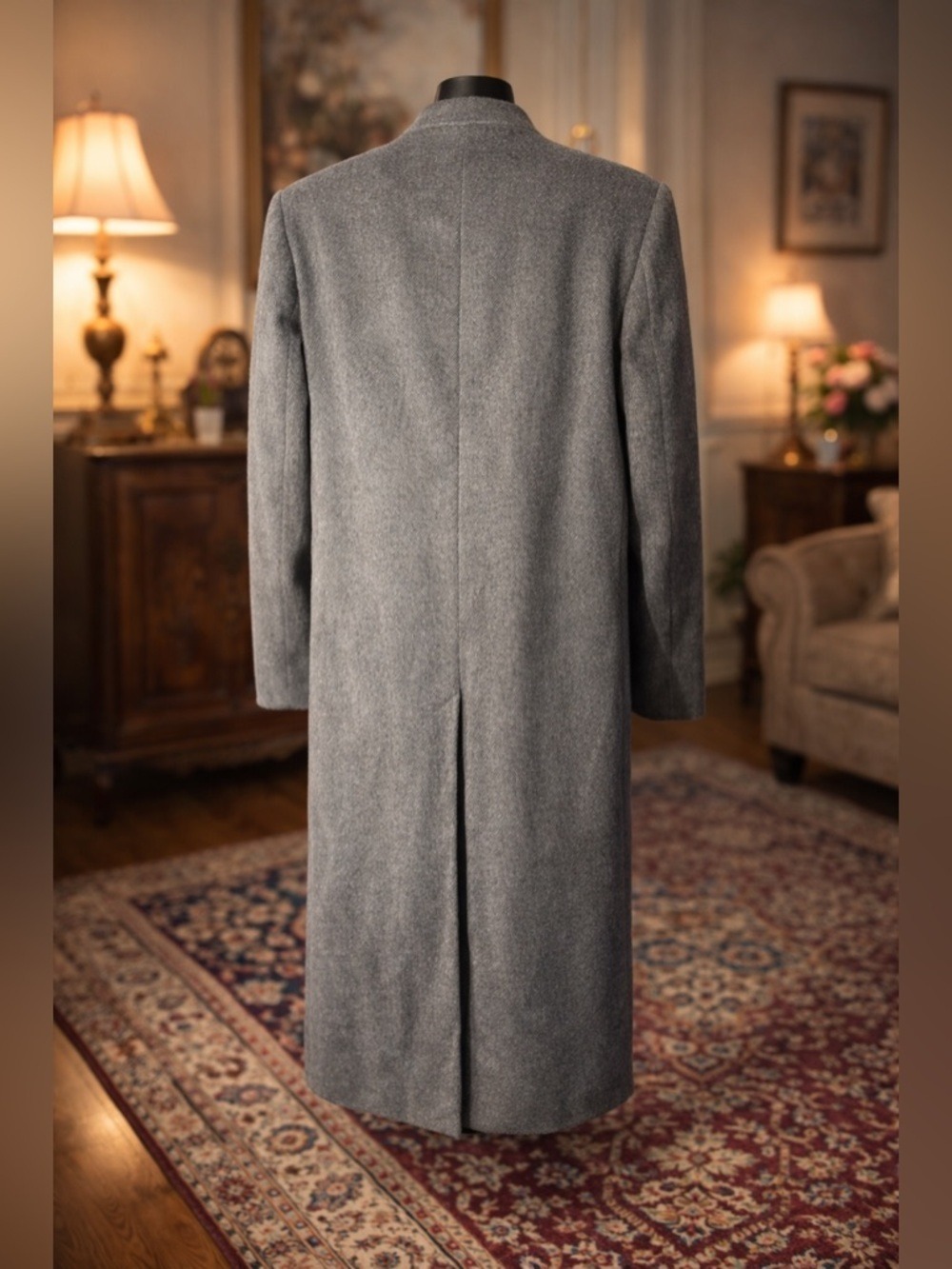 Vintage Bay Club Wool & Cashmere Tall Coat Grey Luxe Orange Lining Men Size 42 - Picture 6 of 17